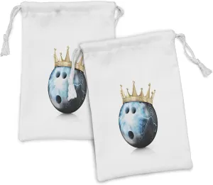 Ambesonne Bowling Party Fabric Pouch Set of 2, Crown on Ball Bowling King Champion Victory Theme Print, Small Drawstring Bag for Toiletries Masks and Favors, 9" x 6", Sky Blue Black Beige