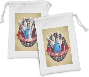 Ambesonne Bowling Party Fabric Pouch Set of 2, Old Fashioned Retro Circular Sport Emblem Stars Ribbon with Typography Design, Small Drawstring Bag for Toiletries Masks and Favors, 9" x 6", Multicolor
