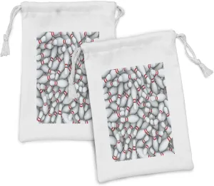 Ambesonne Bowling Party Fabric Pouch Set of 2, Pile of Vivid Bowling Pins and Skittles with Red Stripes 3D Style Print, Small Drawstring Bag for Toiletries Masks and Favors, 9" x 6", Red and White