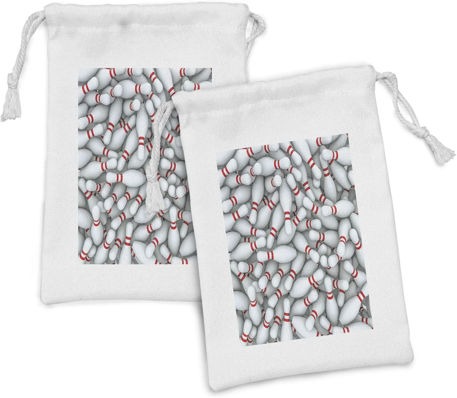 Ambesonne Bowling Party Fabric Pouch Set of 2, Pile of Vivid Bowling Pins and Skittles with Red Stripes 3D Style Print, Small Drawstring Bag for Toiletries Masks and Favors, 9" x 6", Red and White