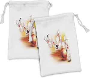 Ambesonne Bowling Party Fabric Pouch Set of 2, Red Ball and the Falling Skittles Hit Speed Movement Throw and Strike, Small Drawstring Bag for Toiletries Masks and Favors, 9" x 6", Red Yellow White