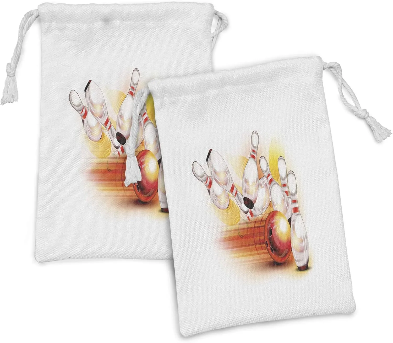 Ambesonne Bowling Party Fabric Pouch Set of 2, Red Ball and the Falling Skittles Hit Speed Movement Throw and Strike, Small Drawstring Bag for Toiletries Masks and Favors, 9" x 6", Red Yellow White