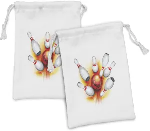 Ambesonne Bowling Party Fabric Pouch Set of 2, Red Ball with Spread Skittles Vibrant Display Abstract Vibrant Artwork, Small Drawstring Bag for Toiletries Masks and Favors, 9" x 6", Red Orange White