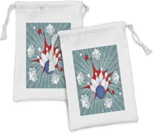 Ambesonne Bowling Party Fabric Pouch Set of 2, Retro Comic Cartoon Ball Crash Image Pop Art Stars Aim Party Game Design, Small Drawstring Bag for Toiletries Masks and Favors, 9" x 6", Multicolor