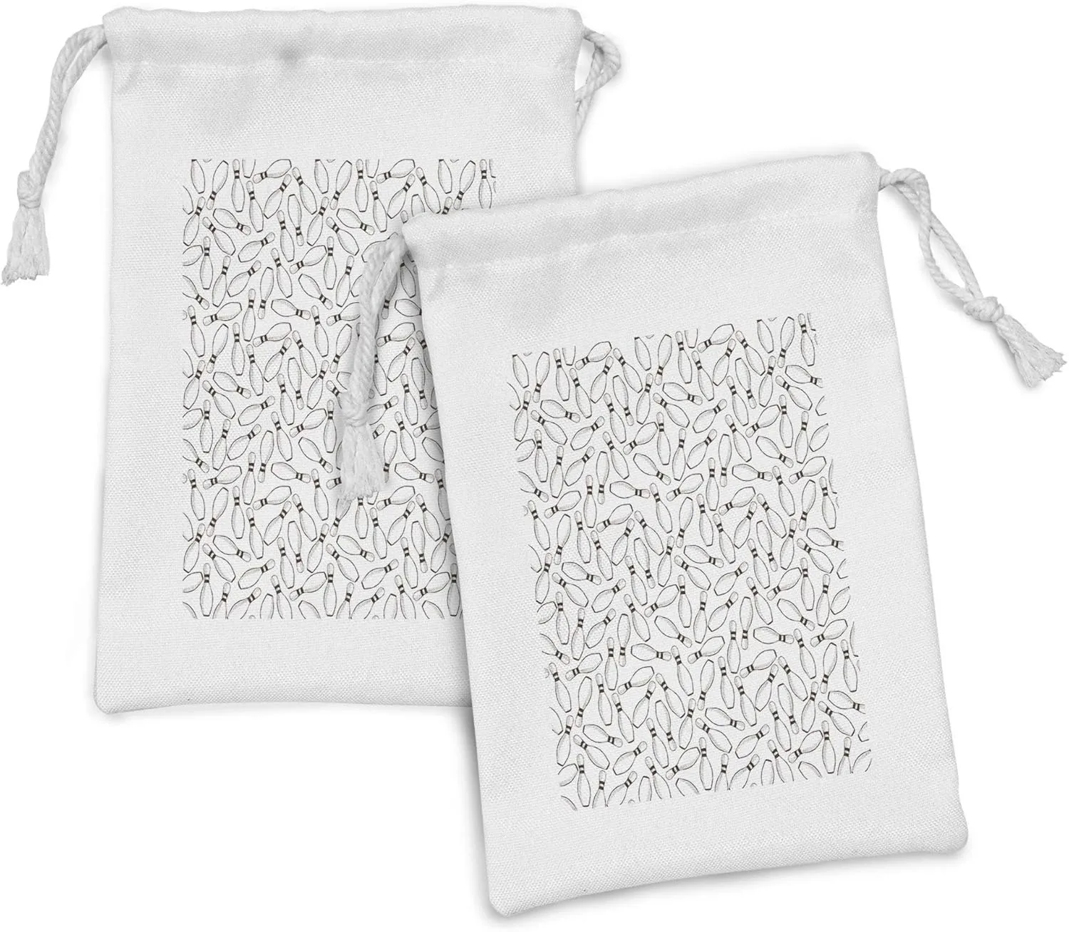 Ambesonne Bowling Party Fabric Pouch Set of 2, Sketchy Bowling Pins Pattern Hand Drawn Style Monochrome Hobby Print, Small Drawstring Bag for Toiletries Masks and Favors, 9" x 6", Dark Brown White