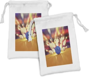Ambesonne Bowling Party Fabric Pouch Set of 2, Spread Skittles Blue Ball on a Wooden Floor Moment of Crash Themed Print, Small Drawstring Bag for Toiletries Masks and Favors, 9" x 6", Multicolor