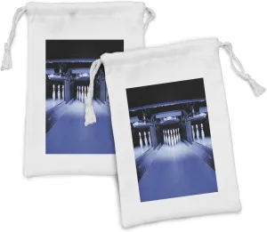 Ambesonne Bowling Party Fabric Pouch Set of 2, Symmetrical Bowling Pins on an Empty Alley Hobby Fun Challenge Theme, Small Drawstring Bag for Toiletries Masks and Favors, 9" x 6", Blue White Red