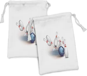 Ambesonne Bowling Party Fabric Pouch Set of 2, Thrown Ball and Scattered Pins Speed Hit the Target Shot Score, Small Drawstring Bag for Toiletries Masks and Favors, 9" x 6", White Pale Blue Red
