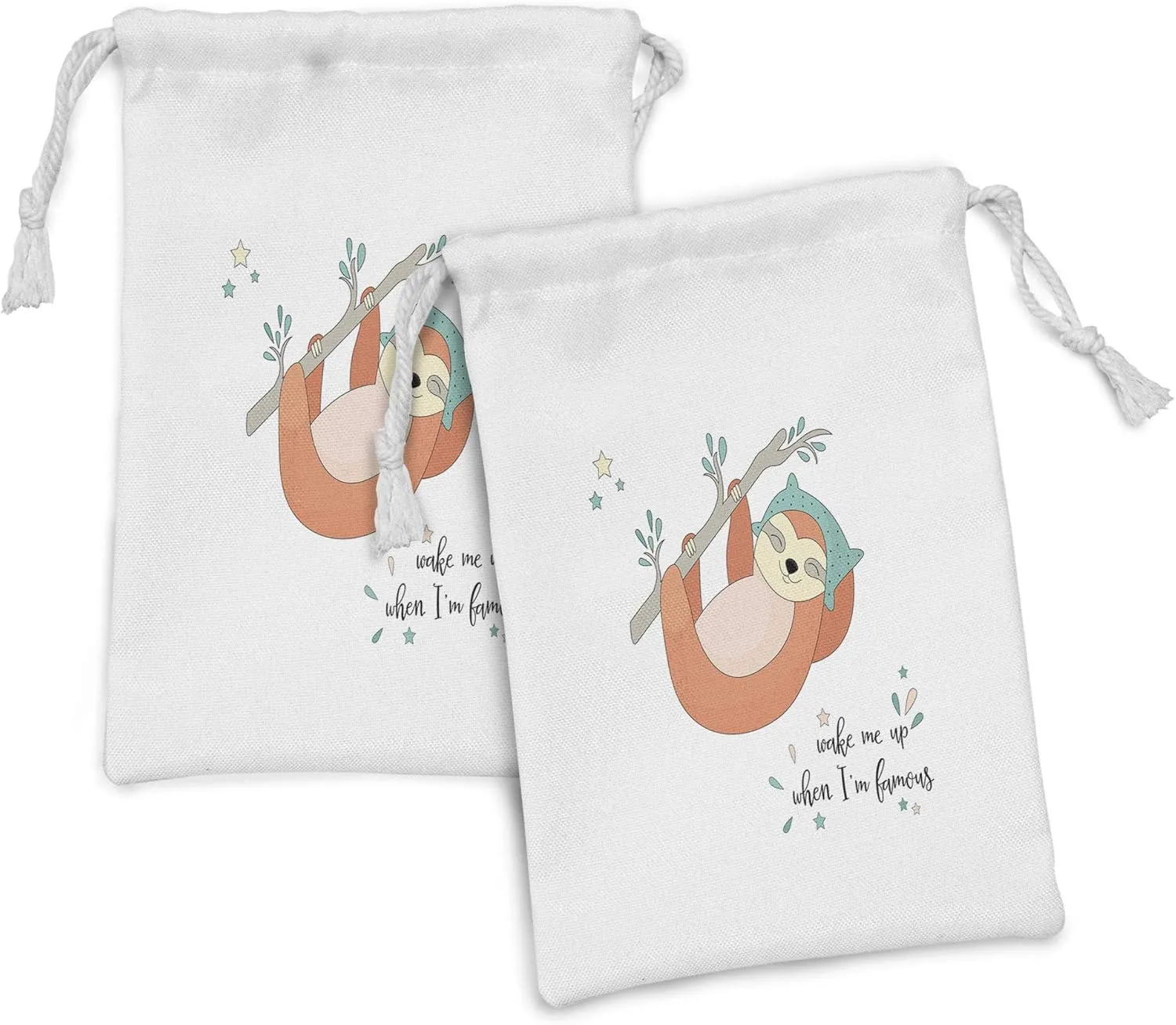 Ambesonne Cartoon Fabric Pouch Set of 2, Wake Me up When I Am Famous Text Sleepy Sloth Hanging on the Branch Illustration, Small Drawstring Bag for Toiletries Masks and Favors, 9" x 6", Multicolor