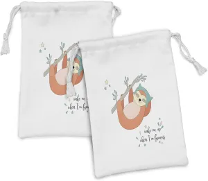 Ambesonne Cartoon Fabric Pouch Set of 2, Wake Me up When I Am Famous Text Sleepy Sloth Hanging on the Branch Illustration, Small Drawstring Bag for Toiletries Masks and Favors, 9" x 6", Multicolor
