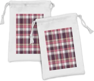 Ambesonne Checkered Fabric Pouch Set of 2, Old Fashioned Style Garment Pattern Traditional Plaid Geometric Squares, Small Drawstring Bag for Toiletries Masks and Favors, 9" x 6", Pink Maroon White