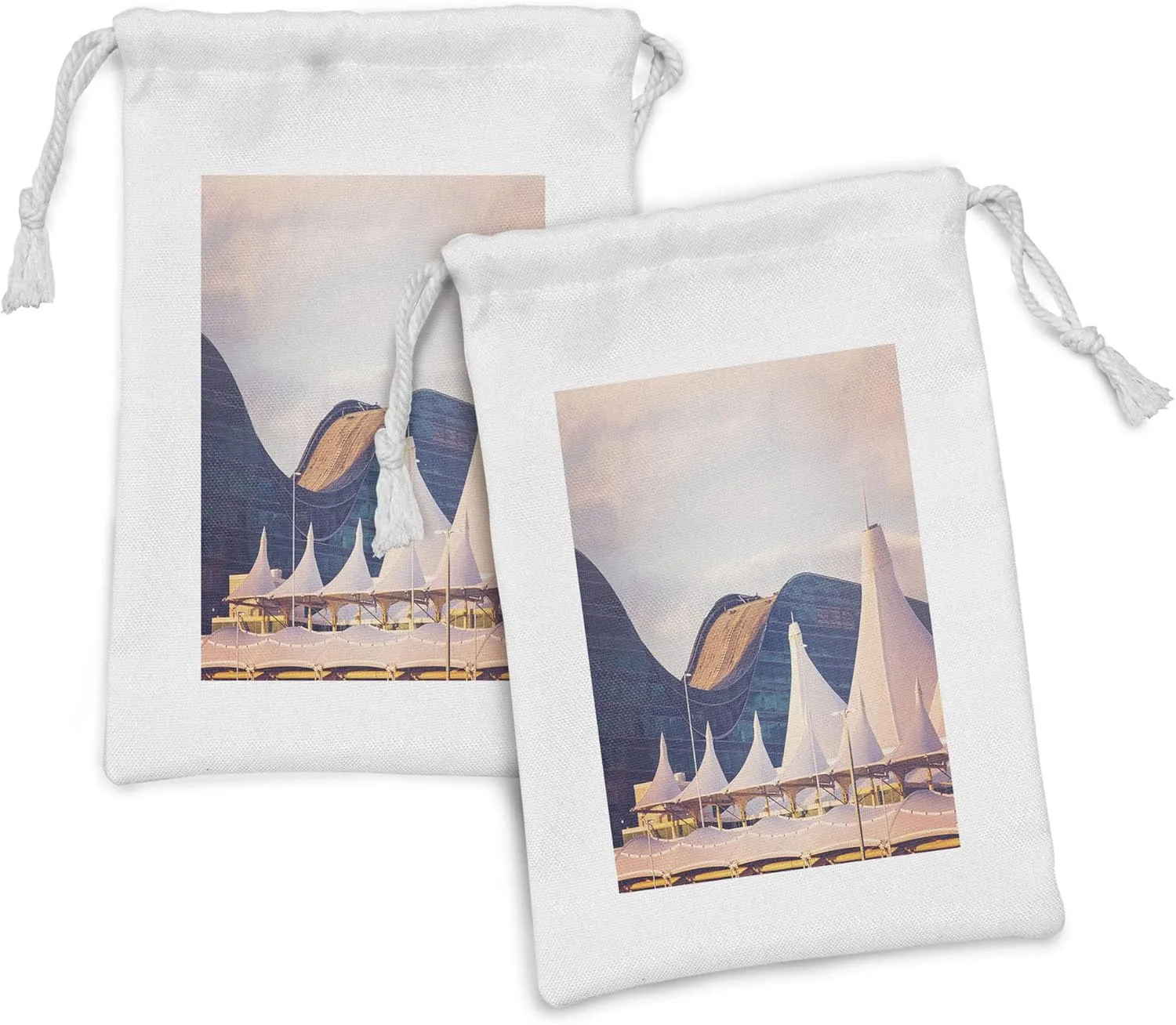 Ambesonne Denver Fabric Pouch Set of 2, Real Shot of an Airport Aircraft Location Travel Details Tourist Guide, Small Drawstring Bag for Toiletries Masks and Favors, 9" x 6", Dark Indigo Pale Rose