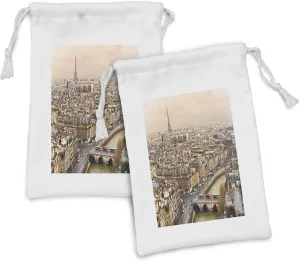Ambesonne Eiffel Tower Fabric Pouch Set of 2, Paris Streets Busy Day Buildings Bridge River City Horizon Photography Print, Small Drawstring Bag for Toiletries Masks and Favors, 9" x 6", Beige