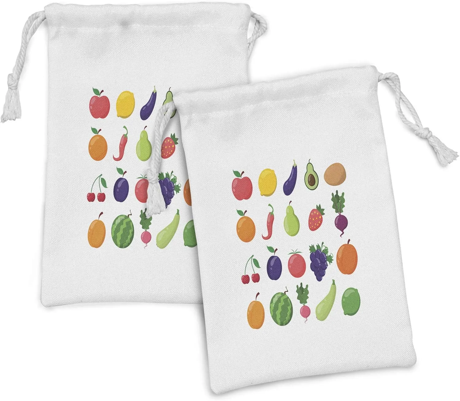 Ambesonne Fruits and Vegetables Fabric Pouch Set of 2, Symmetrically Aligned Various Diet Nutrition Tasty and Colorful, Small Drawstring Bag for Toiletries Masks and Favors, 9" x 6", Multicolor