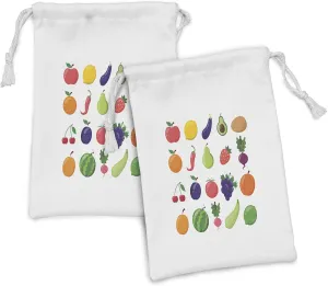Ambesonne Fruits and Vegetables Fabric Pouch Set of 2, Symmetrically Aligned Various Diet Nutrition Tasty and Colorful, Small Drawstring Bag for Toiletries Masks and Favors, 9" x 6", Multicolor