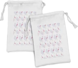 Ambesonne Hawaiian Fabric Pouch Set of 2, Tropical Pattern Image of Continuous Flamingos and Leaves Art, Small Drawstring Bag for Toiletries Masks and Favors, 9" x 6", White Pastel Purple and Pink