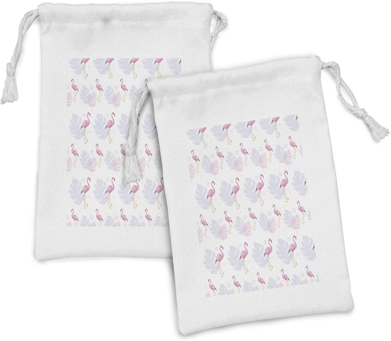 Ambesonne Hawaiian Fabric Pouch Set of 2, Tropical Pattern Image of Continuous Flamingos and Leaves Art, Small Drawstring Bag for Toiletries Masks and Favors, 9" x 6", White Pastel Purple and Pink
