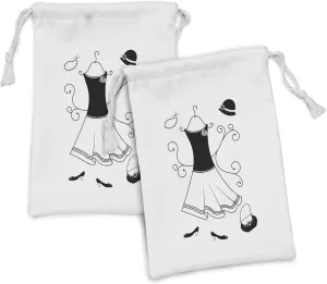 Ambesonne Heels and Dresses Fabric Pouch Set of 2, Classical Old Fashioned Garment Floral Swirls Hat Purse Necklace, Small Drawstring Bag for Toiletries Masks and Favors, 9" x 6", Charcoal Grey White