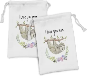 Ambesonne I Love You Mom Fabric Pouch Set of 2, Typographic Illustration of a Mom Sloth with Her Hanging on a Branch, Small Drawstring Bag for Toiletries Masks and Favors, 9" x 6", Multicolor