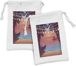 Ambesonne Island Party Fabric Pouch Set of 2, Mystic Evening at the Beach Hanging Ornamental Ornaments Honeymoon, Small Drawstring Bag for Toiletries Masks and Favors, 9" x 6", Dark Purple Pink Blue