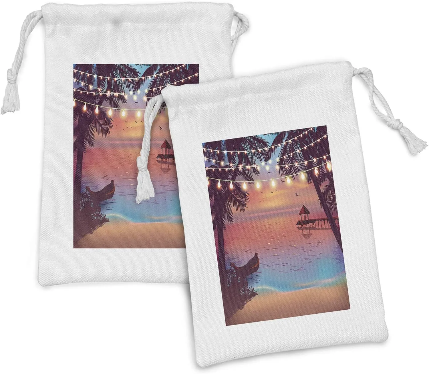 Ambesonne Island Party Fabric Pouch Set of 2, Mystic Evening at the Beach Hanging Ornamental Ornaments Honeymoon, Small Drawstring Bag for Toiletries Masks and Favors, 9" x 6", Dark Purple Pink Blue
