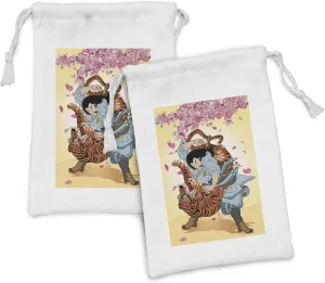 Ambesonne Japanese Fabric Pouch Set of 2, Brave Samurai Tiger Clash Turn into Floral Sakura Cherry Blossoms Cartoon Print, Small Drawstring Bag for Toiletries Masks and Favors, 9" x 6", Multicolor