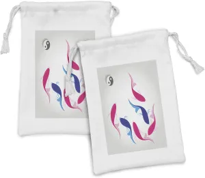 Ambesonne Japanese Fabric Pouch Set of 2, Pair of Swimming Squid Fish Yin Yang Aquatic Pisces Marine Theme, Small Drawstring Bag for Toiletries Masks and Favors, 9" x 6", Pink Blue