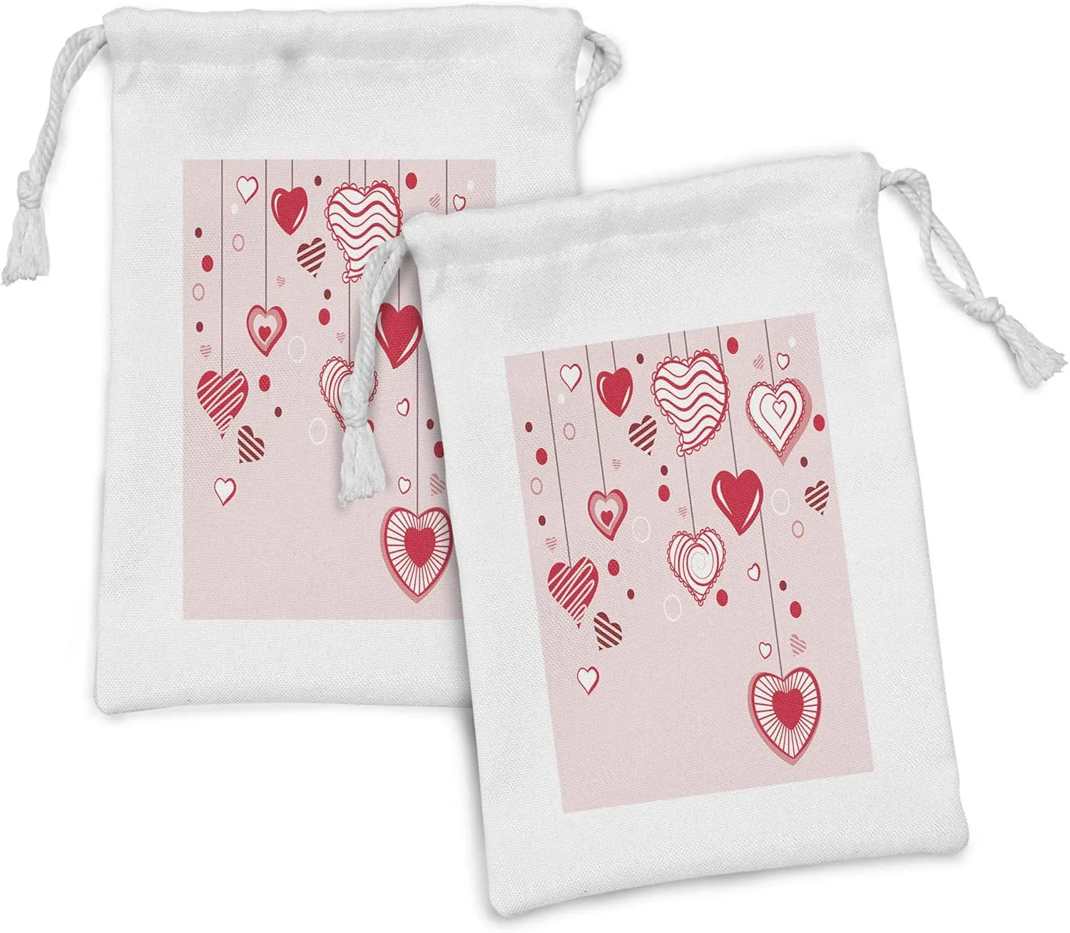Ambesonne Love Fabric Pouch Set of 2, Contour Hearts Hanging on Strings Romantic Anniversary Celebration Happy Print, Small Drawstring Bag for Toiletries Masks and Favors, 9" x 6", Rose Red Pink