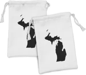Ambesonne Michigan Fabric Pouch Set of 2, Abstract Black Silhouette Map of Michigan Geography Cartography Themed Print, Small Drawstring Bag for Toiletries Masks and Favors, 9" x 6", Black and White