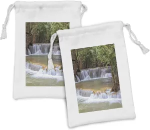 Ambesonne Rainforest Fabric Pouch Set of 2, Rainforest Waterfalls in Kanchanaburi Thailand Summer Travel Exotic Lands, Small Drawstring Bag for Toiletries Masks and Favors, 9" x 6", Green Brown Grey