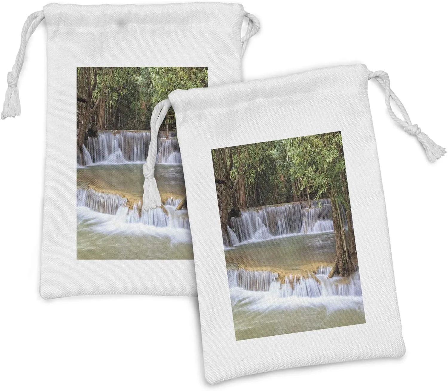 Ambesonne Rainforest Fabric Pouch Set of 2, Rainforest Waterfalls in Kanchanaburi Thailand Summer Travel Exotic Lands, Small Drawstring Bag for Toiletries Masks and Favors, 9" x 6", Green Brown Grey