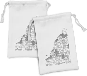 Ambesonne Rio de Janeiro Fabric Pouch Set of 2, Brazil Apartments Palm Trees Before de Redeemer Sketch Art, Small Drawstring Bag for Toiletries Masks and Favors, 9" x 6", Charcoal Grey and White