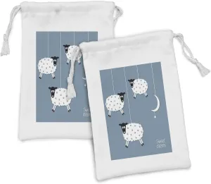 Ambesonne Saying Fabric Pouch Set of 2, Hanging Sheep Star and Crescent Moon Sleeping Themed Illustration, Small Drawstring Bag for Toiletries Masks and Favors, 9" x 6", Slate Blue Black White
