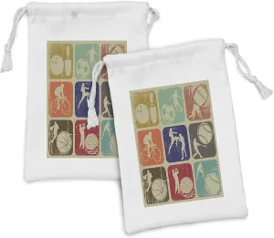 Ambesonne Sports Fabric Pouch Set of 2, Assorted Sports Banners Vintage Grunge Effect Tennis Soccer Bowling Sports Pub Theme, Small Drawstring Bag for Toiletries Masks and Favors, 9" x 6", Multicolor