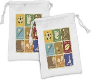 Ambesonne Sports Fabric Pouch Set of 2, Vintage Various Sports Elements Golf Bowling Baseball Tenniss in Flat Design, Small Drawstring Bag for Toiletries Masks and Favors, 9" x 6", Multicolor