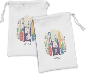 Ambesonne Travel Fabric Pouch Set of 2, Istanbul City Illustration with Colorful Floral and Landmarks, Small Drawstring Bag for Toiletries Masks and Favors, 9" x 6", Champagne and Multicolor