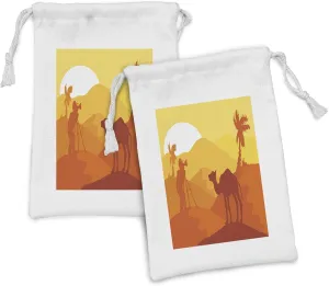 Ambesonne Travel Fabric Pouch Set of 2, Monochromatic Layout of a Desert Landscape with Camel Savannah Ombre Colored, Small Drawstring Bag for Toiletries Masks and Favors, 9" x 6", Yellow Orange