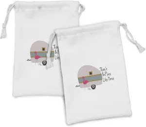 Ambesonne Travel Fabric Pouch Set of 2, There's No Place Like Home Calligraphy with a Flamingo and a Camp Trailer, Small Drawstring Bag for Toiletries Masks and Favors, 9" x 6", Multicolor