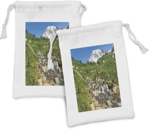 Ambesonne Travel Fabric Pouch Set of 2, View of Edith Creek Mount Rainier National Park Calming Setting for a Vacation, Small Drawstring Bag for Toiletries Masks and Favors, 9" x 6", Multicolor