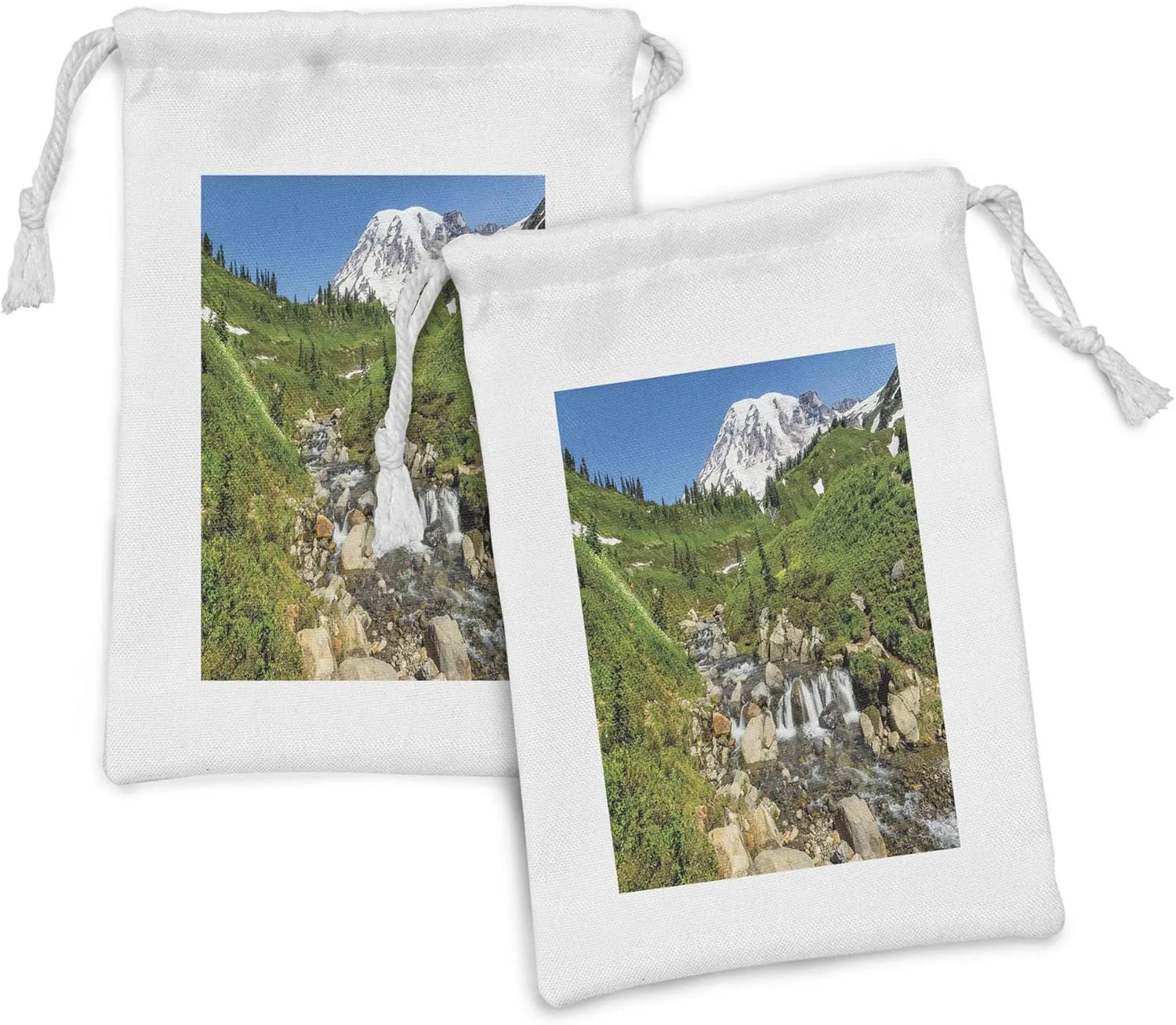 Ambesonne Travel Fabric Pouch Set of 2, View of Edith Creek Mount Rainier National Park Calming Setting for a Vacation, Small Drawstring Bag for Toiletries Masks and Favors, 9" x 6", Multicolor