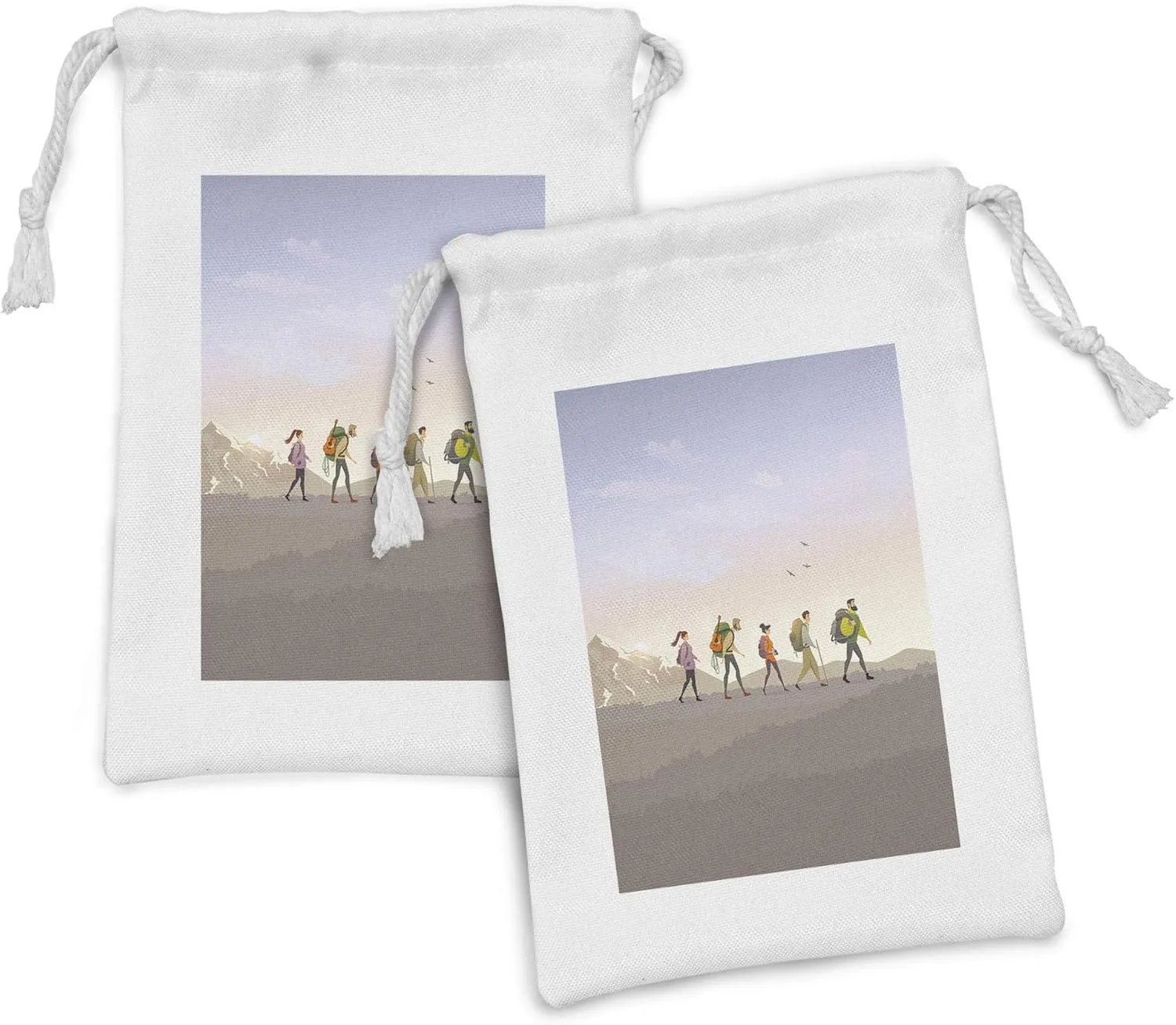 Ambesonne Travel Fabric Pouch Set of 2, Young Men and Women Walking on the Mountains, Small Drawstring Bag for Toiletries Masks and Favors, 9" x 6", Multicolor