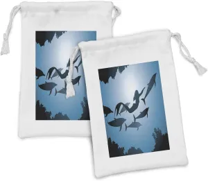 Ambesonne Underwater Fabric Pouch Set of 2, Mermaid and Dolphins Underwater View Travel Diving Fin Sea Life, Small Drawstring Bag for Toiletries Masks and Favors, 9" x 6", Blue Black Petrol Blue