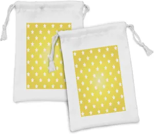 Ambesonne Yellow Fabric Pouch Set of 2, Bursting Vibrant Hanging Stars Fun Retro with Graphic Design Print, Small Drawstring Bag for Toiletries Masks and Favors, 9" x 6", White Yellow