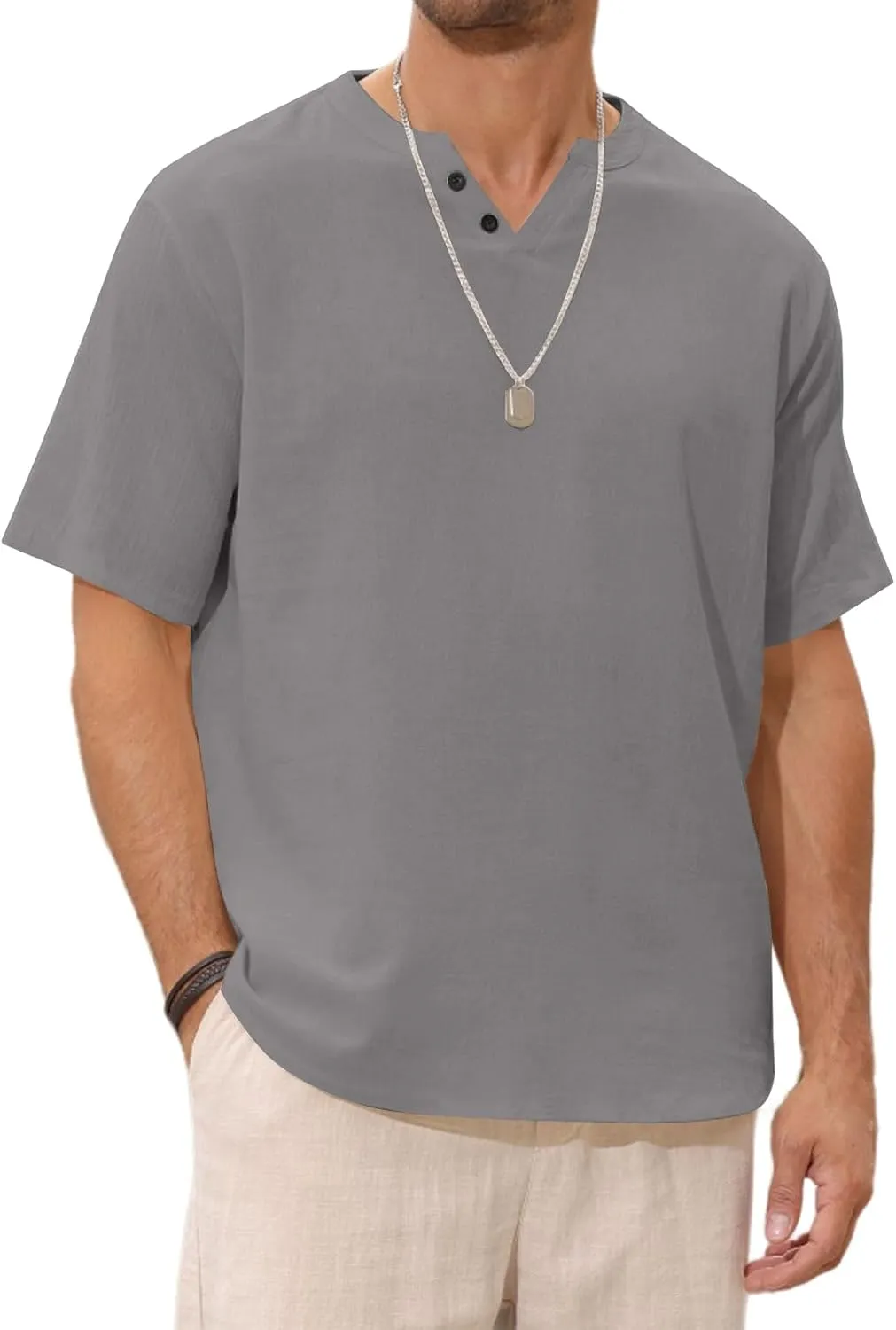 Angbater Men's Linen Shirt Short Beach Hippie T Shirts Casual Summer Lightweight Tropical Henley Shirts
