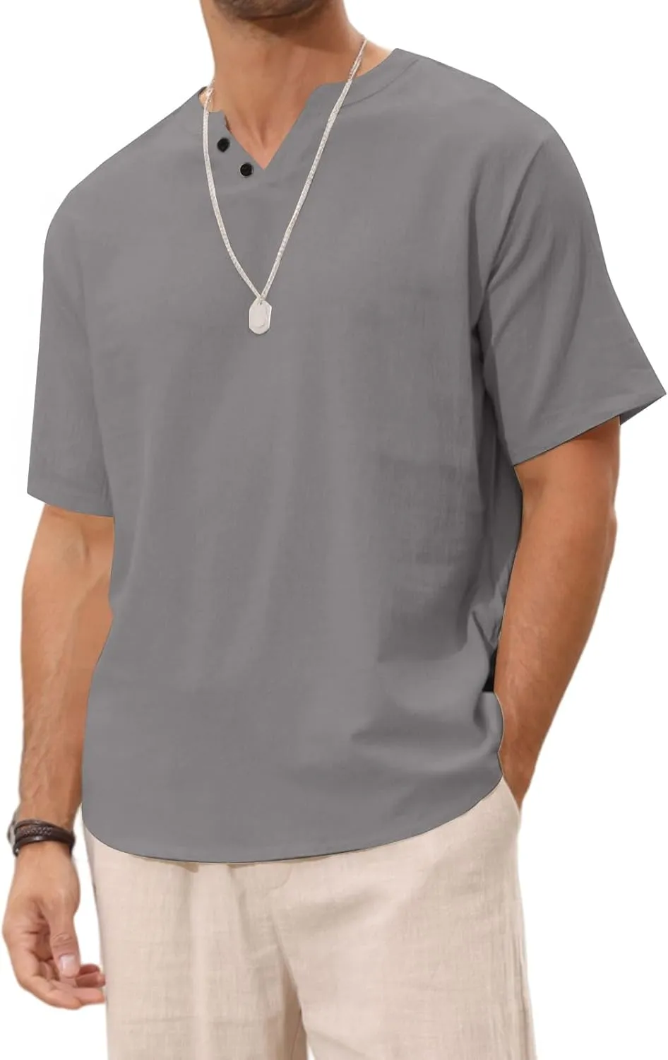 Angbater Men's Linen Shirt Short Beach Hippie T Shirts Casual Summer Lightweight Tropical Henley Shirts