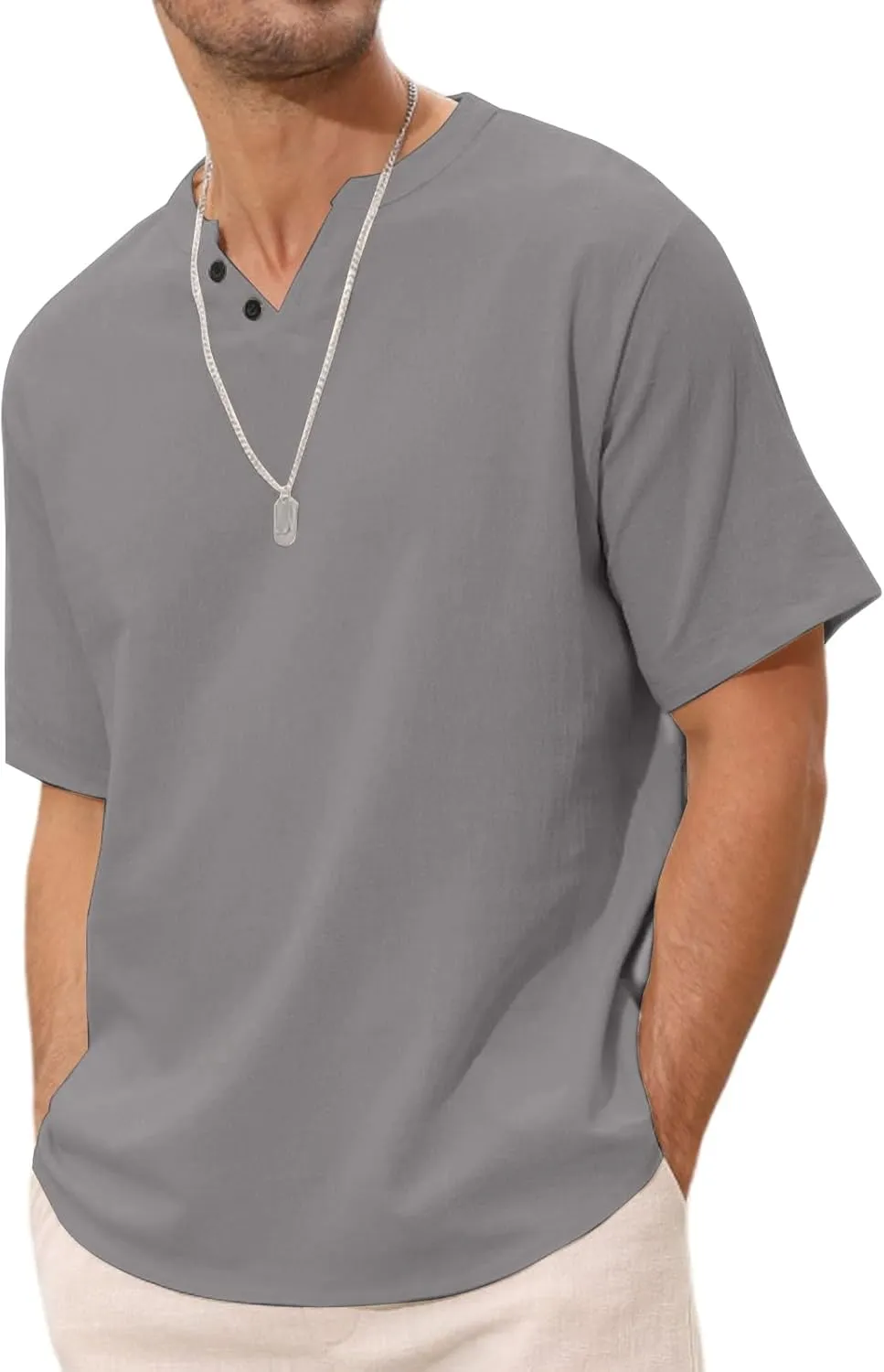 Angbater Men's Linen Shirt Short Beach Hippie T Shirts Casual Summer Lightweight Tropical Henley Shirts