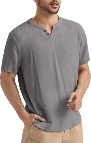 Angbater Men's Linen Shirt Short Beach Hippie T Shirts Casual Summer Lightweight Tropical Henley Shirts