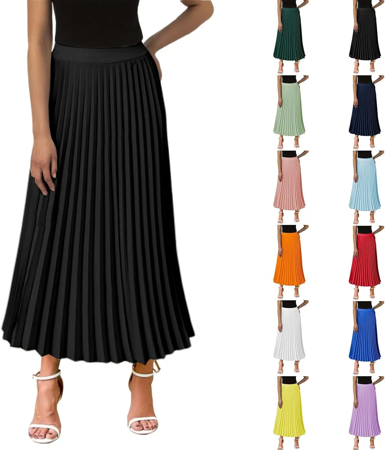 Aniywn Boho Skirts for Women 2025 Pleated Midi Skirts for Women Long High Elastic Waisted Summer Flowy Chiffon Swing Skirt