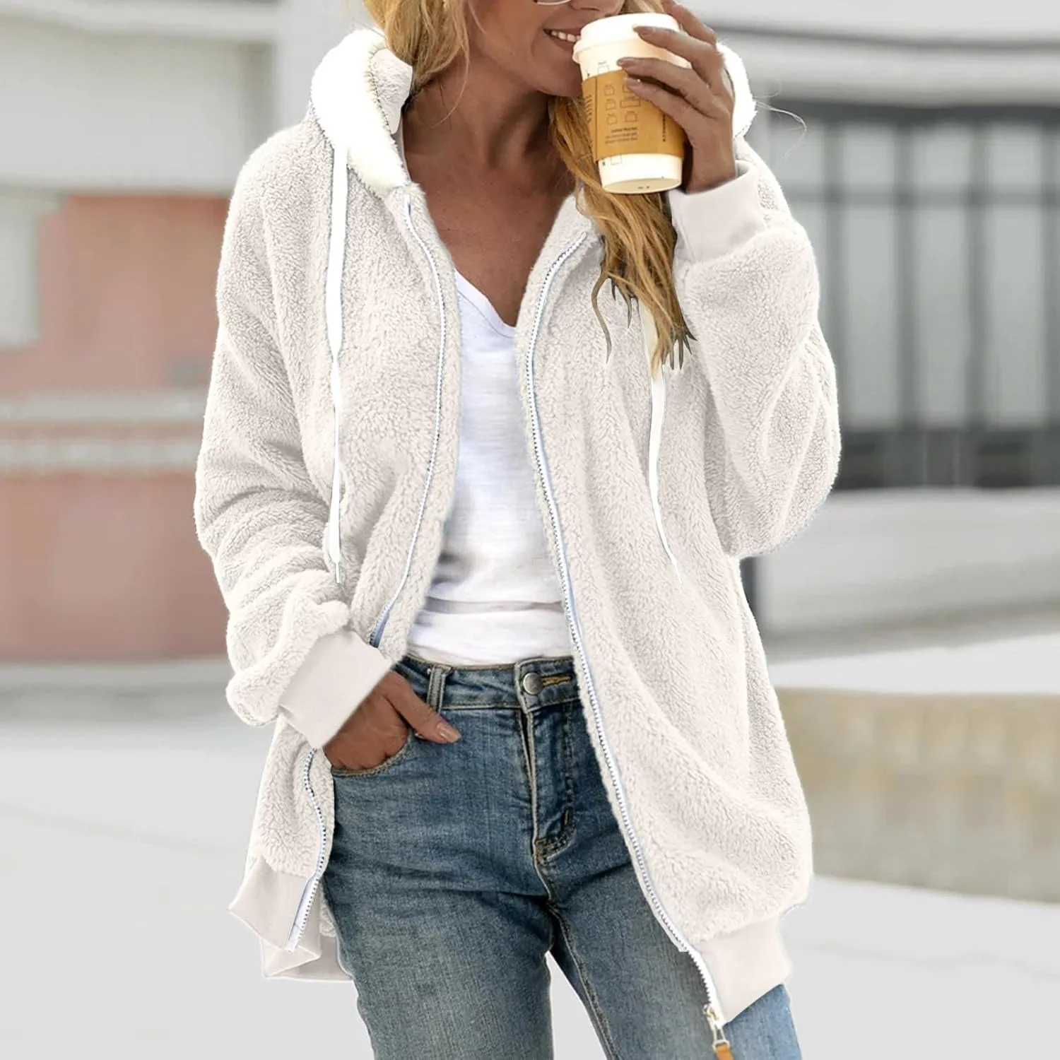 Anjikang Women's Winter Fuzzy Fleece Hooded Jacket Color Block Patchwork Cardigan Coats Fluffy Sherpa Outerwear with Pockets