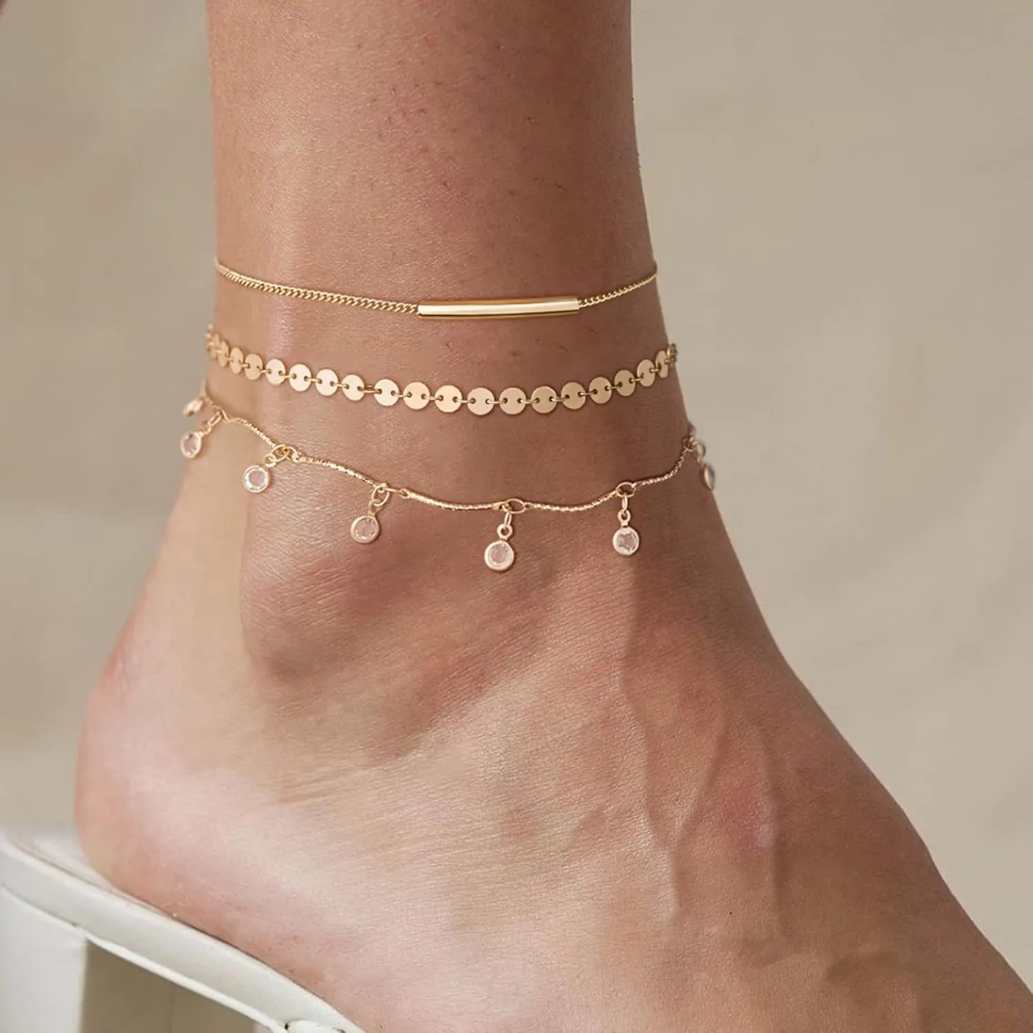 Anklet Bracelets for Women 14K Gold Jewelry Set Waterproof Layered Tennis Satellite Link Chain Anklets Set Gold Anklets Adjustable Size 3pc